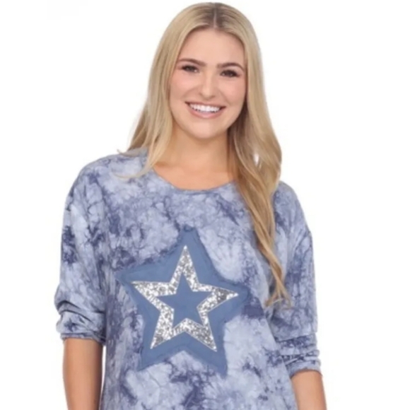 Blue Tie DYE FLORA ASHLEY LIGHTWEIGHT SUMMER BLOUSE Star SEQUINED long sleeve - Picture 6 of 8